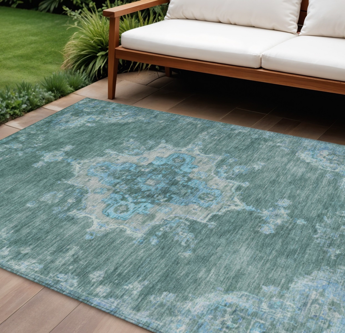 659233 10 x 14 ft. Teal, Blue & Gray Medallion Washable Traditional Indoor & Outdoor Rectangle Area Rug
