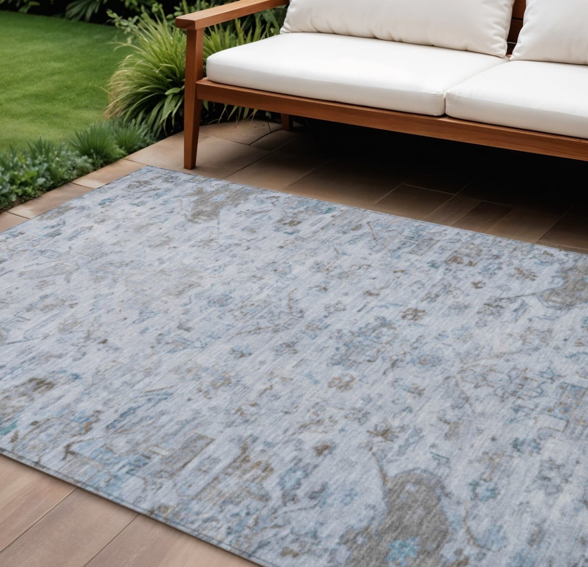 659286 9 x 12 ft. Sky Blue & Ivory Medallion Washable Traditional Indoor & Outdoor Rectangle Area Rug