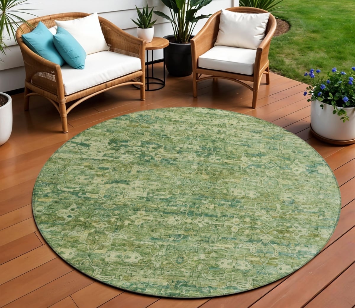 659362 8 ft. Olive Green & Sage Ikat Washable Transitional Indoor & Outdoor Round Area Rug