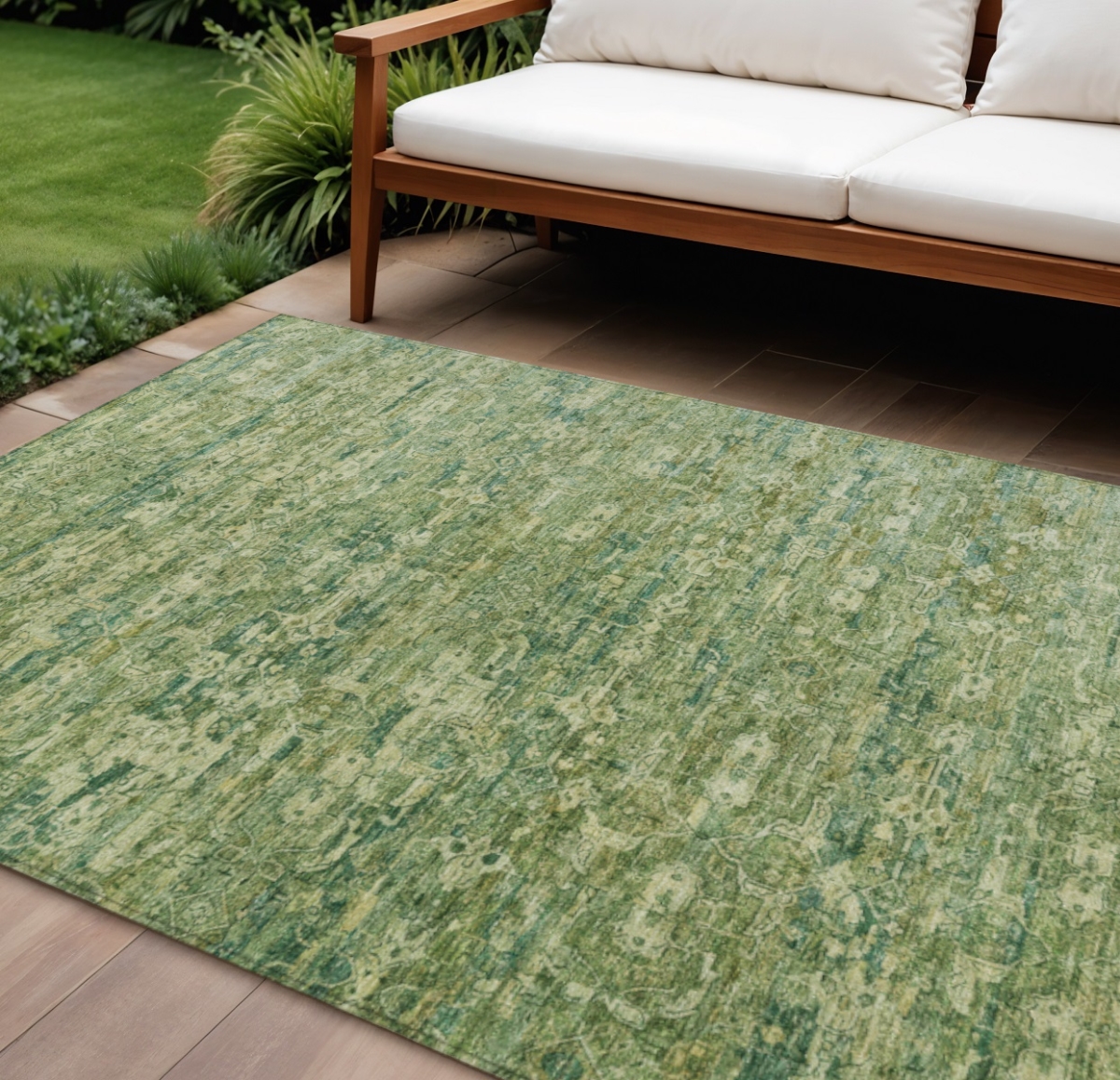 659365 10 x 14 ft. Olive Green & Sage Ikat Washable Transitional Indoor & Outdoor Rectangle Area Rug