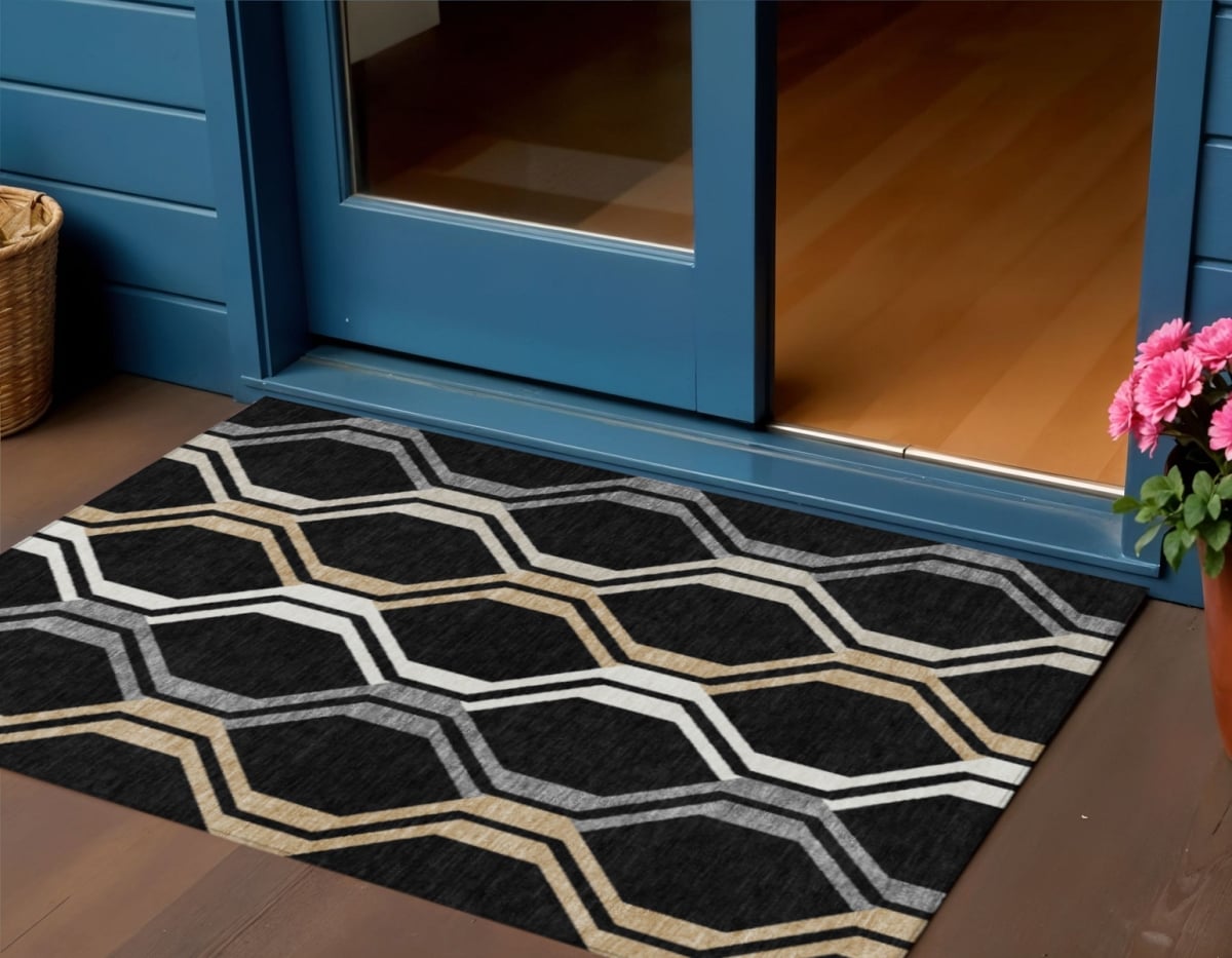 659432 3 x 5 ft. Black Beige & Gray Geometric Washable Transitional Indoor & Outdoor Rectangle Area Rug