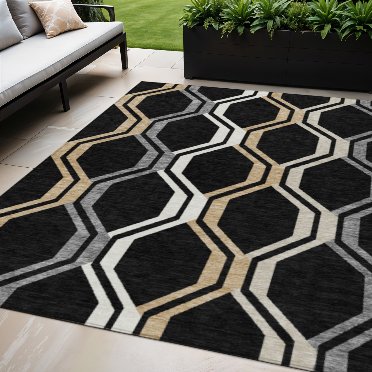 659433 5 x 8 ft. Black Beige & Gray Geometric Washable Transitional Indoor & Outdoor Rectangle Area Rug