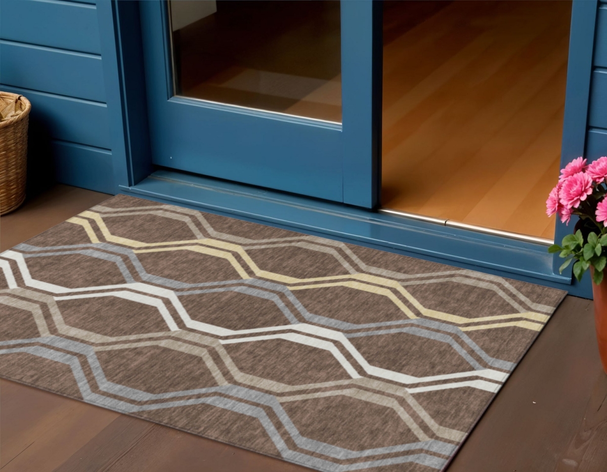 659438 3 x 5 ft. Chocolate Gray & Ivory Geometric Washable Transitional Indoor & Outdoor Rectangle Area Rug
