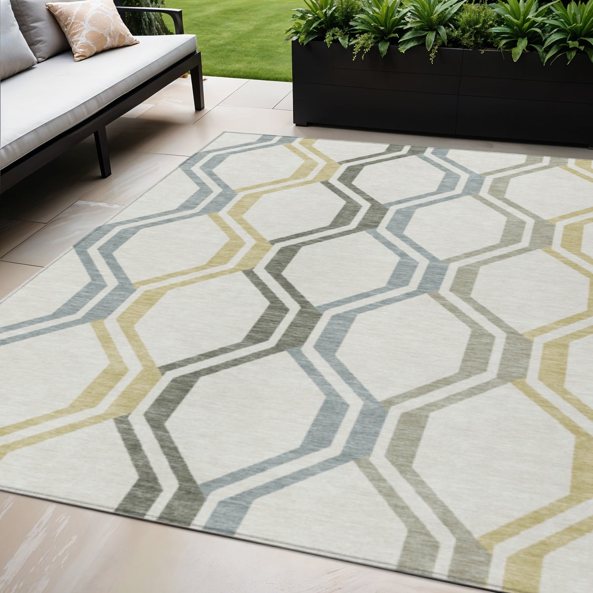 659457 5 x 8 ft. Ivory, Gray & Wheat Geometric Washable Transitional Indoor & Outdoor Rectangle Area Rug