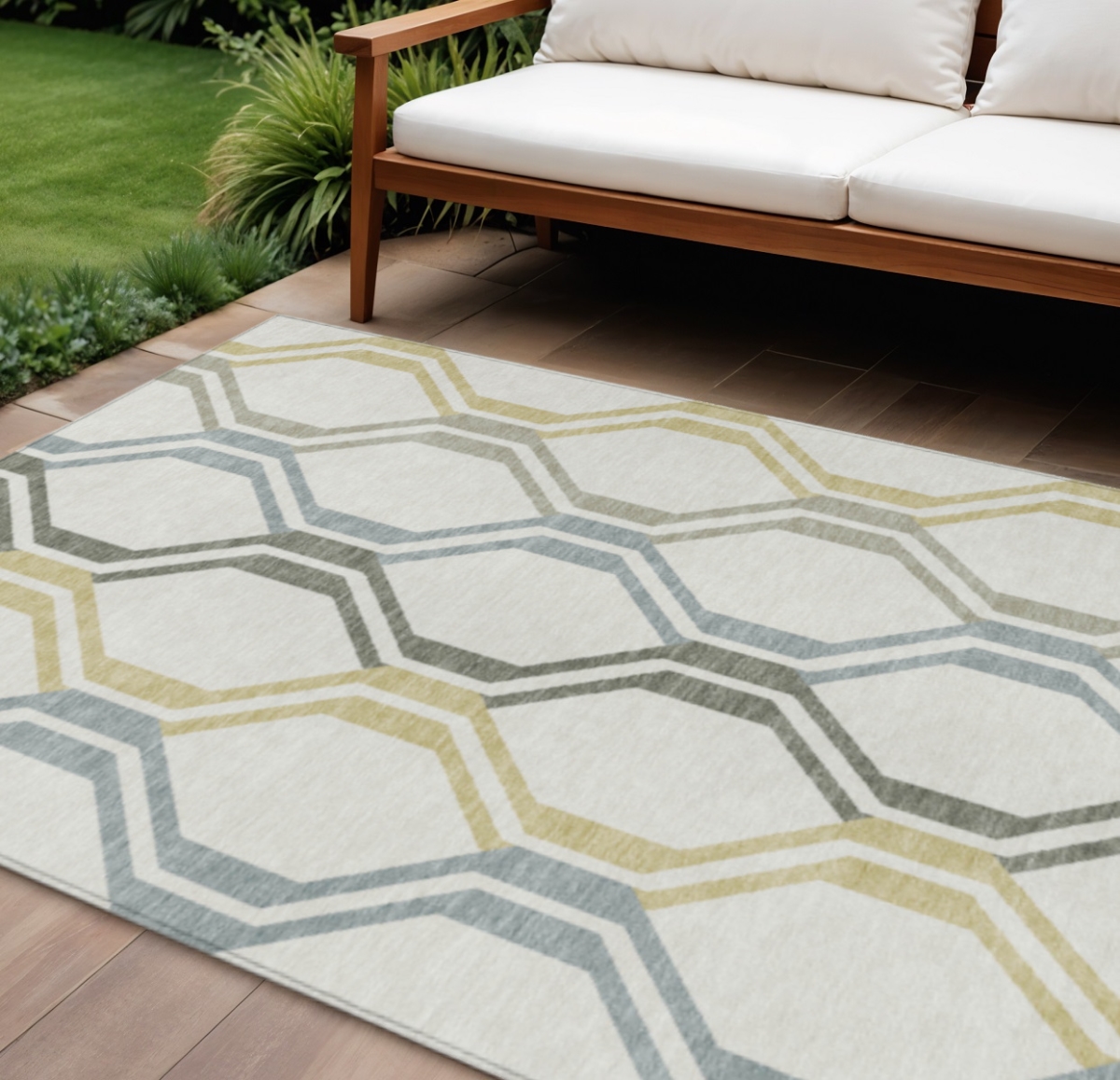 659460 9 x 12 ft. Ivory, Gray & Wheat Geometric Washable Transitional Indoor & Outdoor Rectangle Area Rug