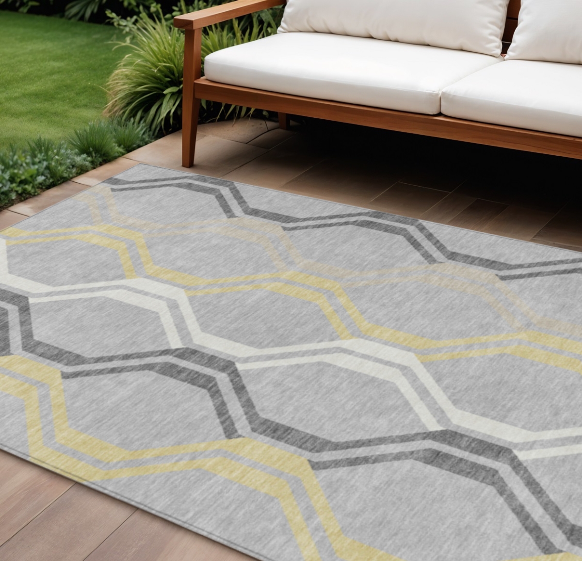 659485 10 x 14 ft. Silver Beige & Charcoal Geometric Washable Transitional Indoor & Outdoor Rectangle Area Rug