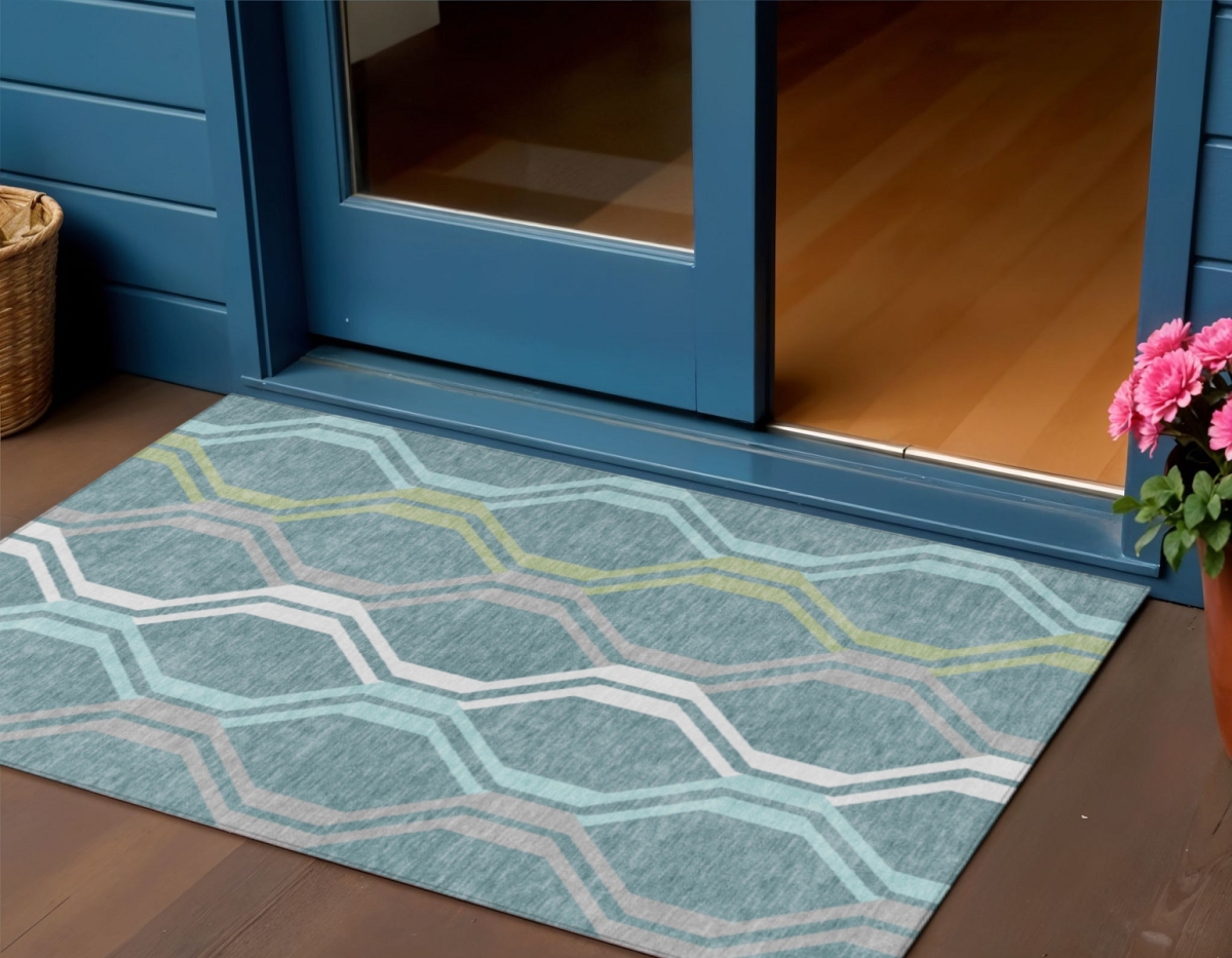 659486 3 x 5 ft. Teal Blue, Gray & Ivory Geometric Washable Transitional Indoor & Outdoor Rectangle Area Rug