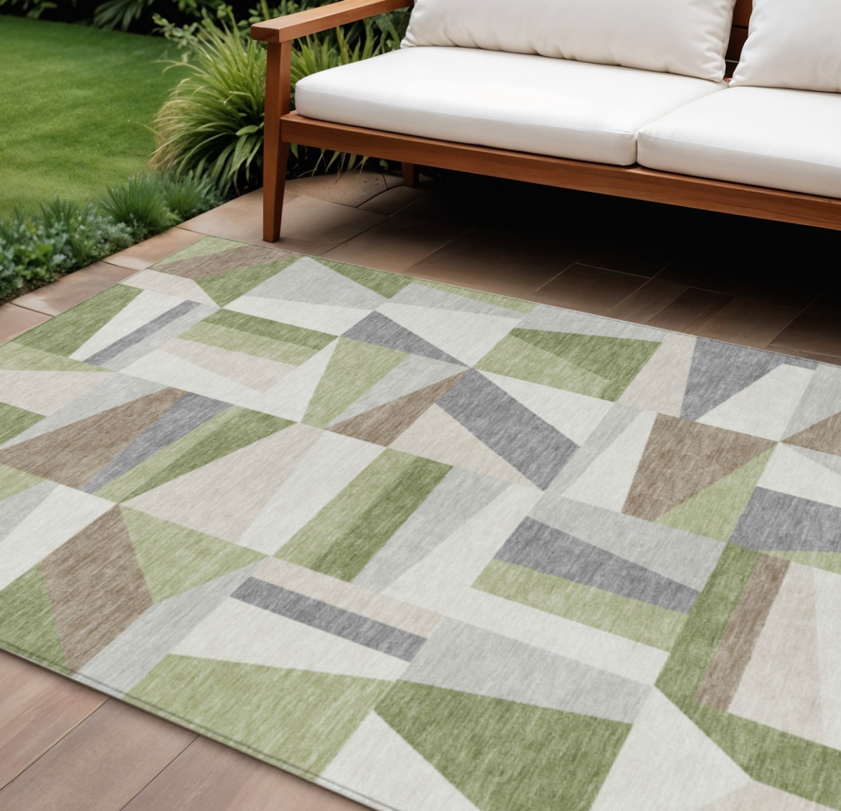 659507 10 x 14 ft. Artichoke Green, Ivory & Taupe Geometric Washable Transitional Indoor & Outdoor Rectangle Area Rug