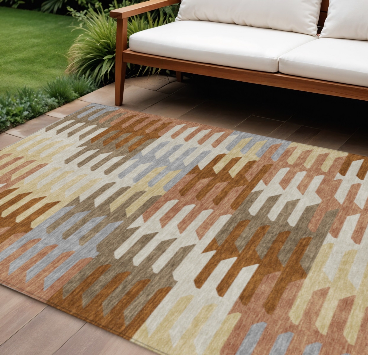 659560 9 x 12 ft. Copper Wheat & Beige Geometric Washable Transitional Indoor & Outdoor Rectangle Area Rug