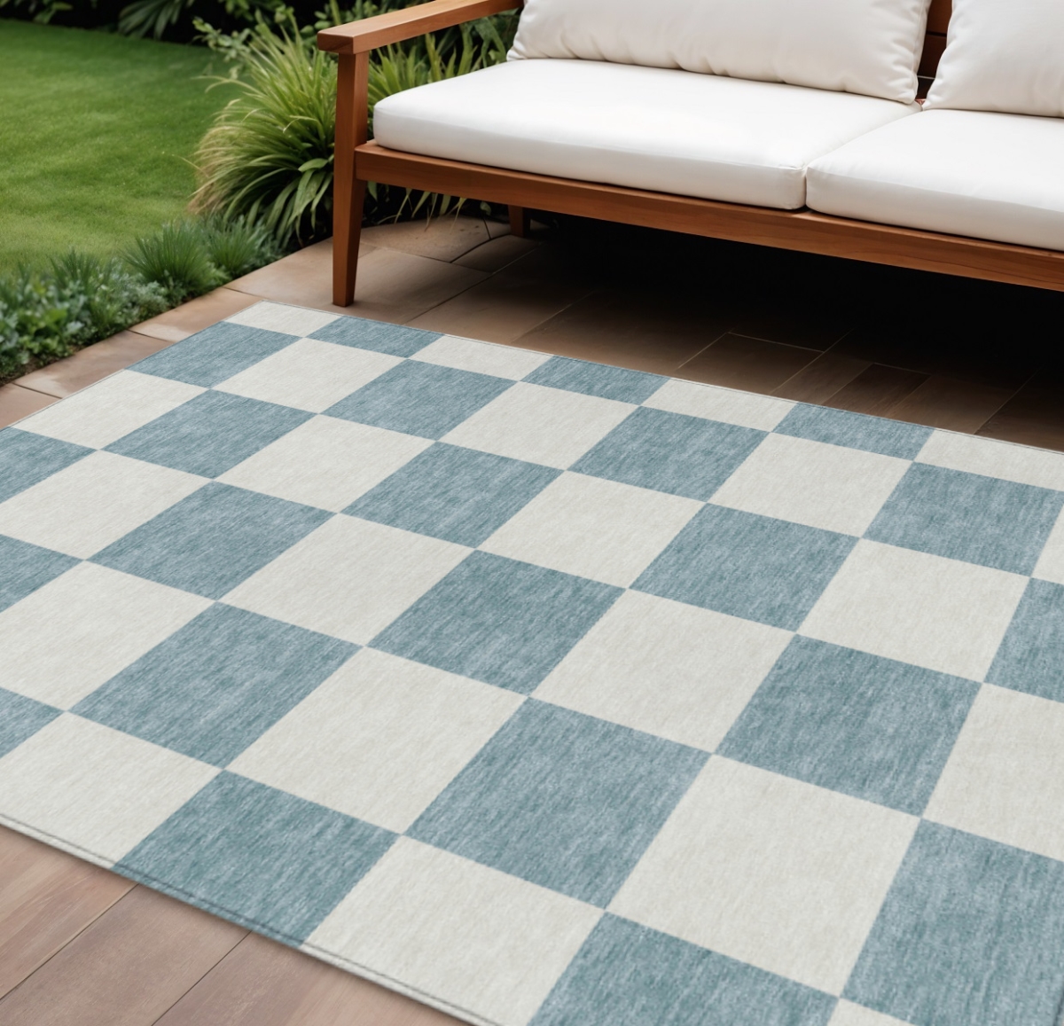660768 10 x 14 ft. Teal, Blue & Ivory Geometric Washable Transitional Indoor & Outdoor Rectangle Area Rug