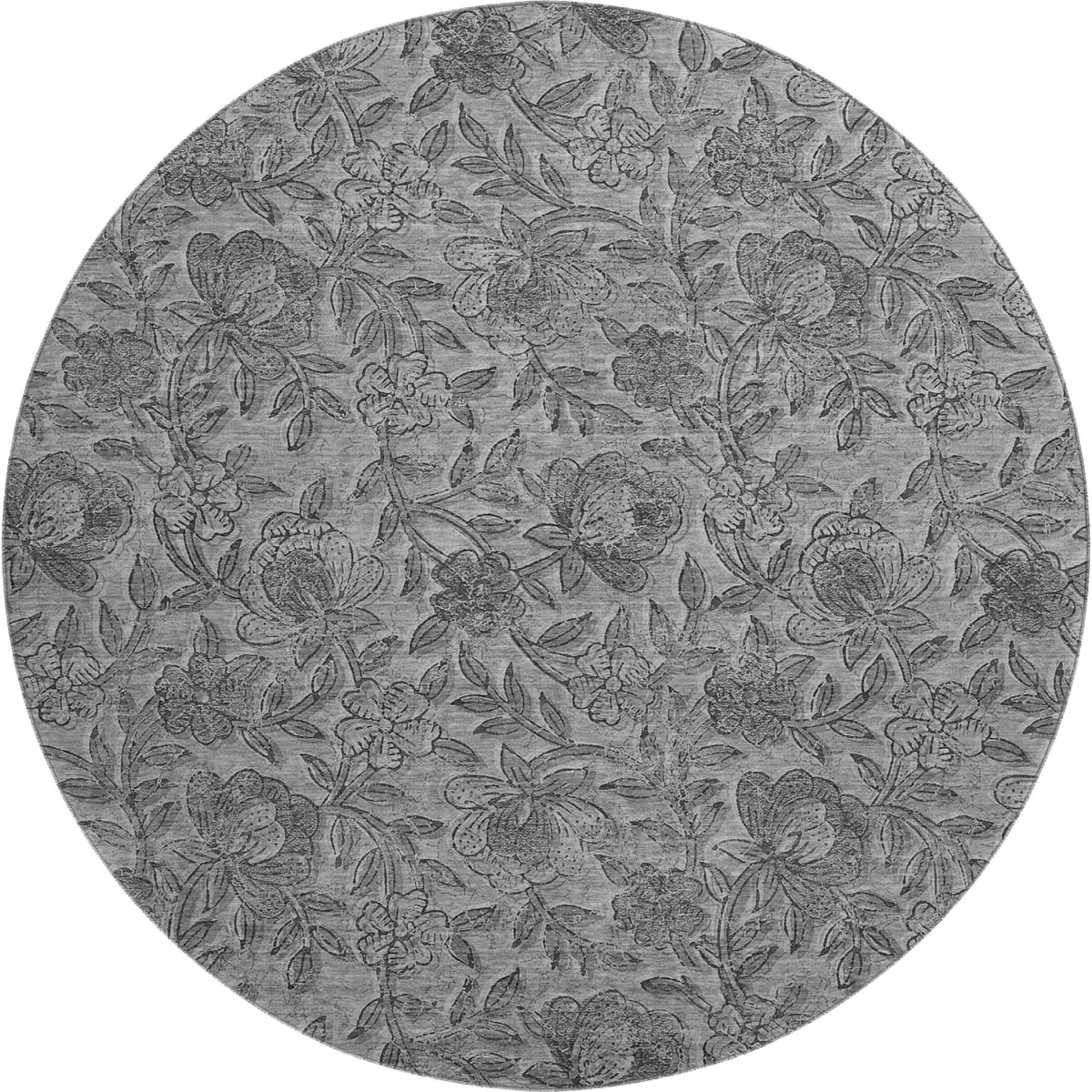 664621 8 ft. Gray & Charcoal Floral Transitional Washable Round Area Rug with UV Protection