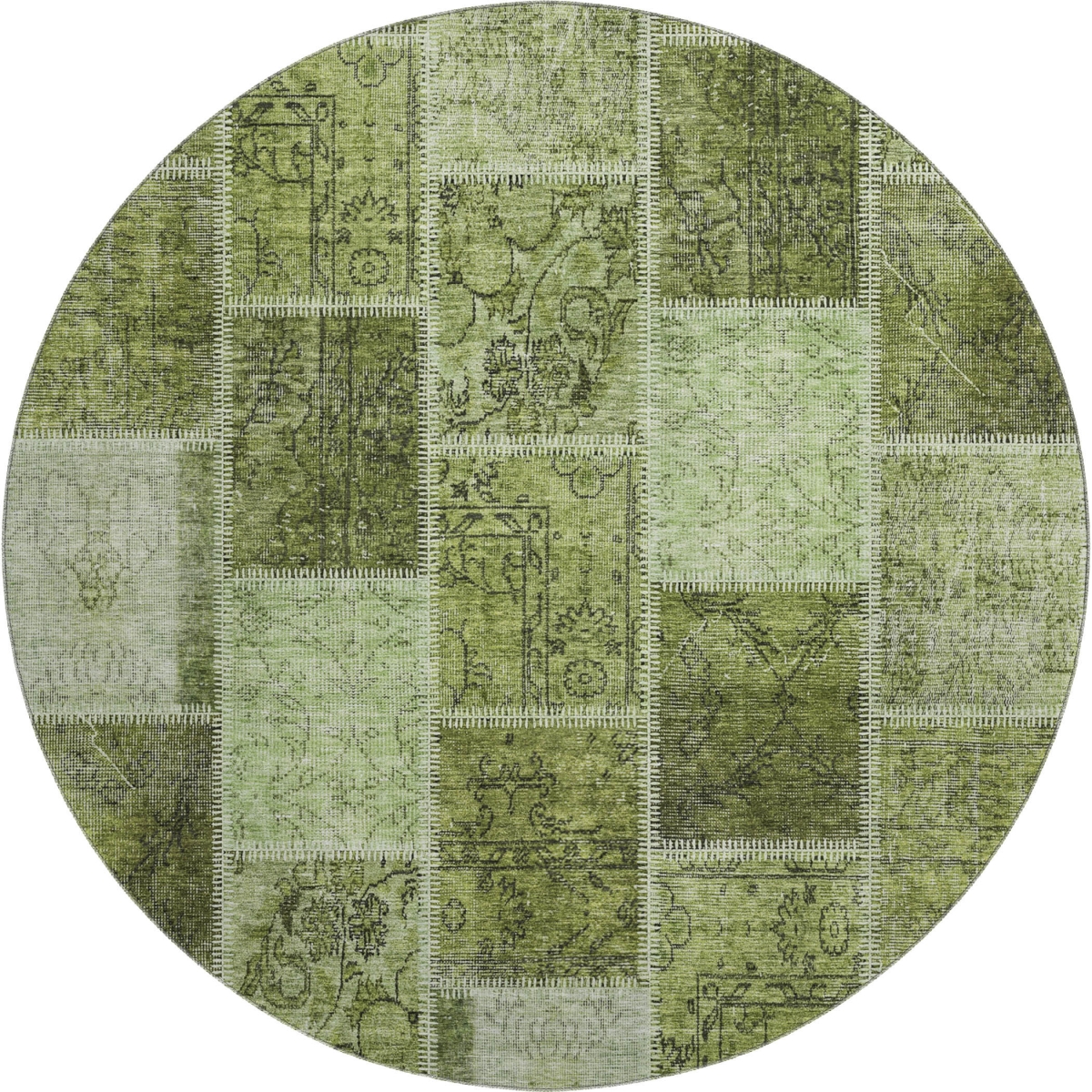 664669 8 ft. Olive Green & Gray Patchwork Transitional Washable Round Area Rug with UV Protection