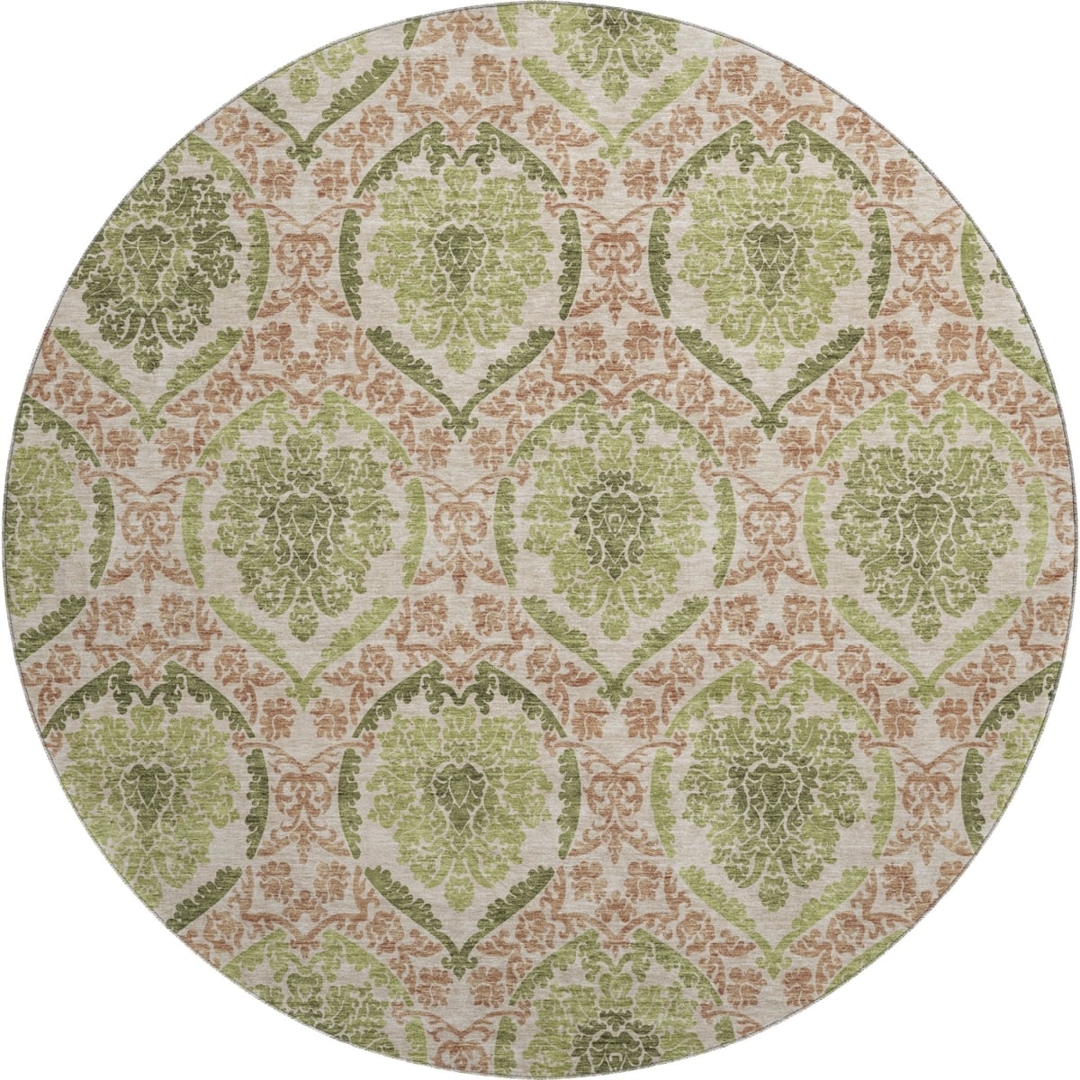 666152 8 ft. Olive Green & Copper Medallion Washable Round Area Rug with UV Protection