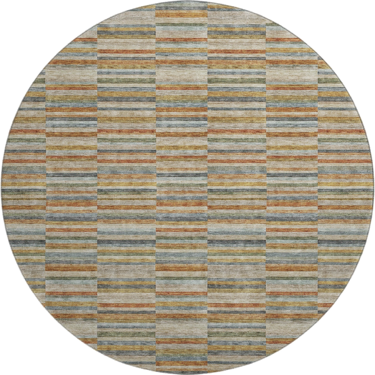 666278 8 ft. Rust Beige & Gray Striped Washable Round Area Rug with UV Protection