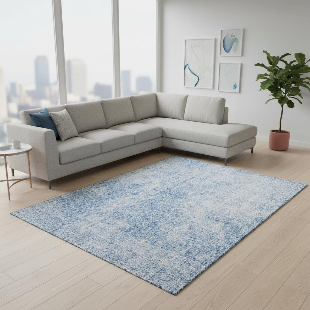 654789 9 x 12 ft. Blue & Ivory Abstract Transitional Washable Machine Made Rectangle Area Rug with UV Protection