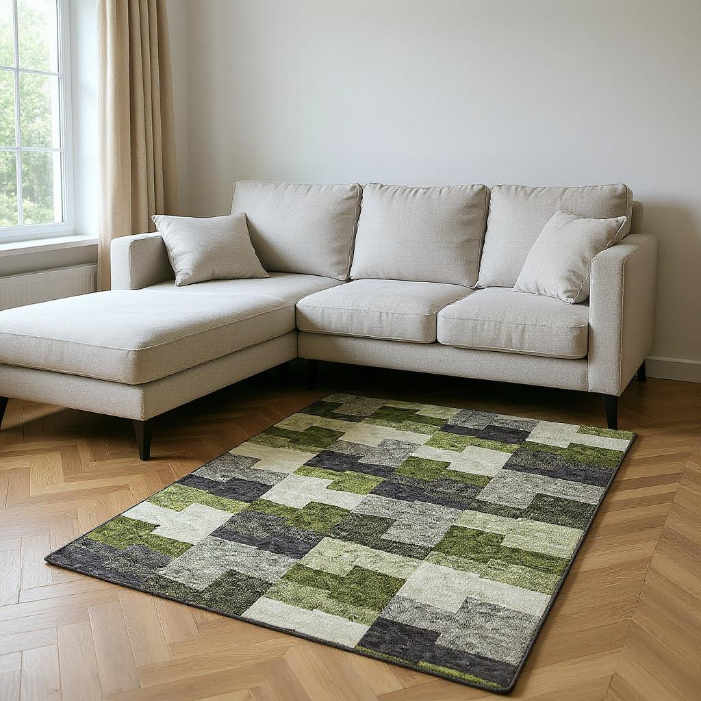 654944 8 x 10 ft. Olive Green, Gray & Ivory Geometric Transitional Washable Machine Made Rectangle Area Rug with UV Protection