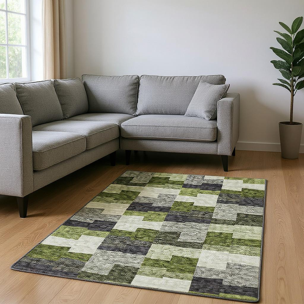 654945 9 x 12 ft. Olive Green, Gray & Ivory Geometric Transitional Washable Machine Made Rectangle Area Rug with UV Protection