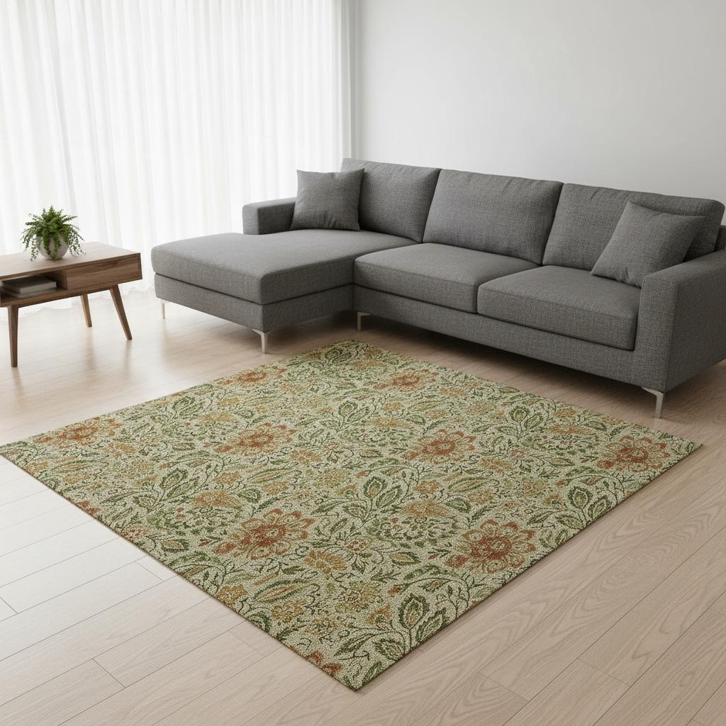 654969 9 x 12 ft. Artichoke Green & Rust Floral Washable Machine Made Rectangle Area Rug with UV Protection