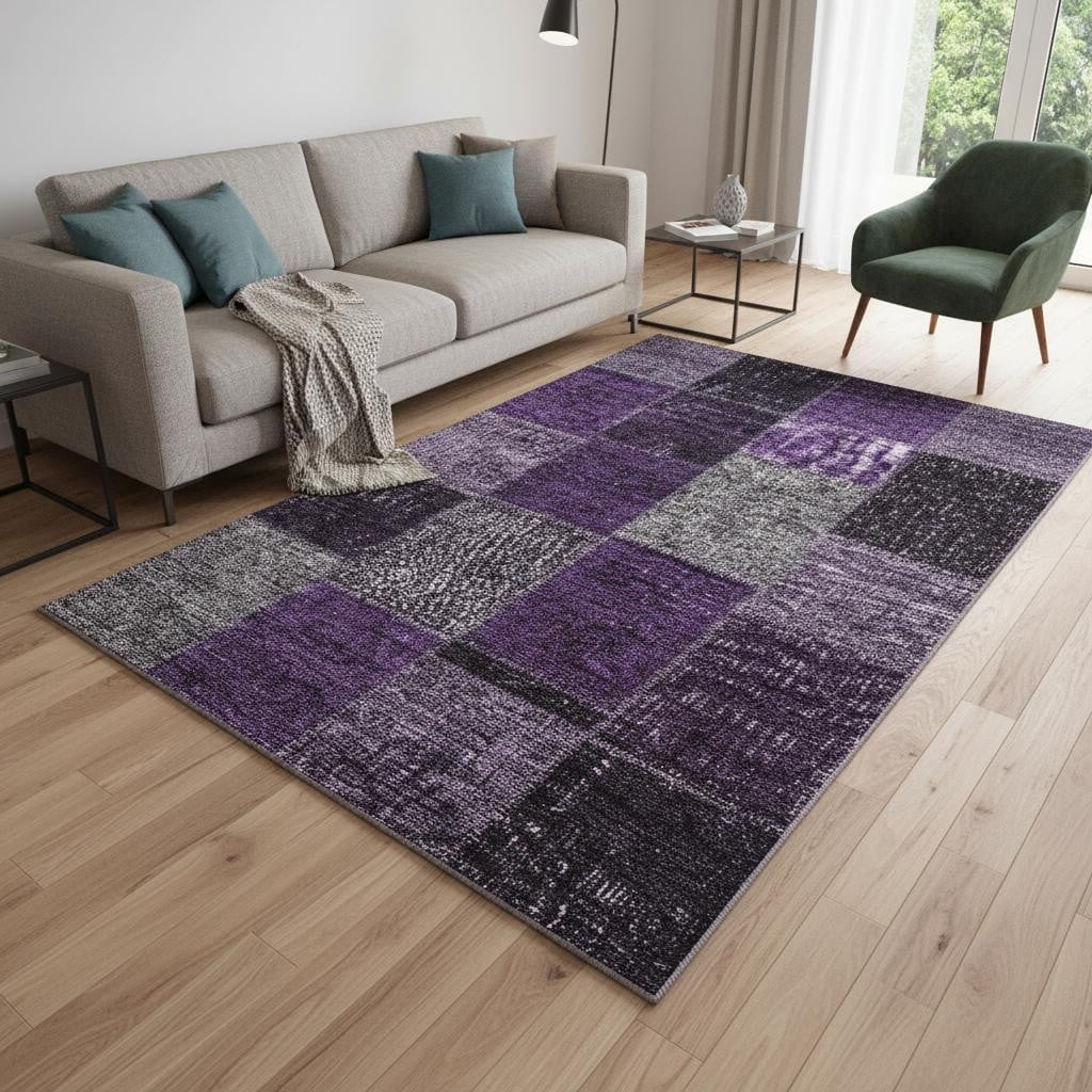 655164 5 x 8 ft. Eggplant Gray & Purple Patchwork Washable Machine Made Rectangle Area Rug with UV Protection