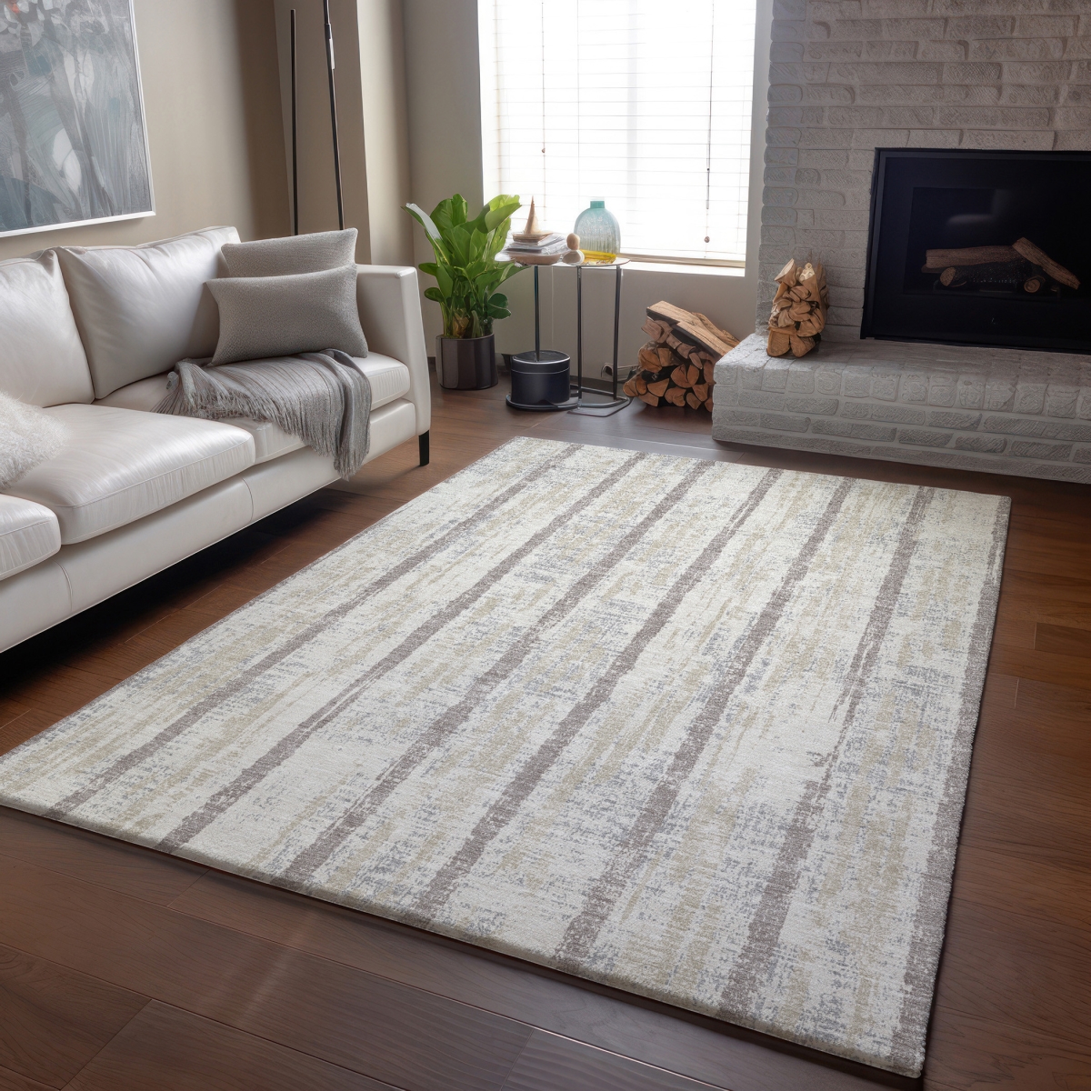 670900 5 x 8 ft. Ivory & Beige Striped Transitional Washable Machine Made Rectangle Area Rug with UV Protection