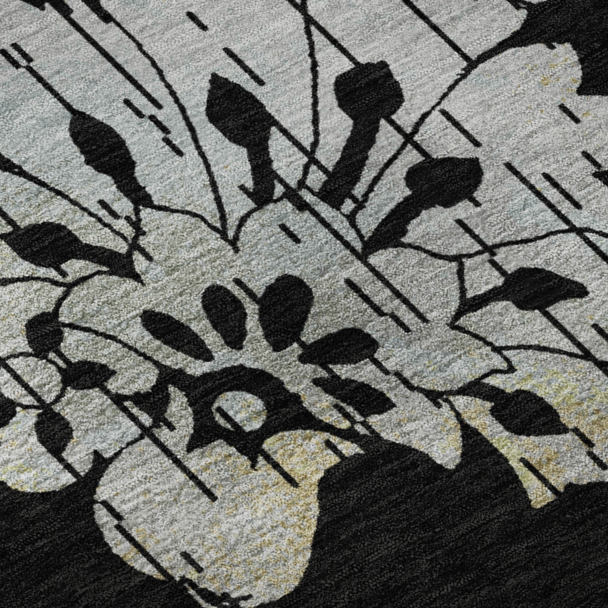 667896 9 x 12 ft. Black Silver & Beige Floral Washable Machine Made Rectangle Area Rug with UV Protection