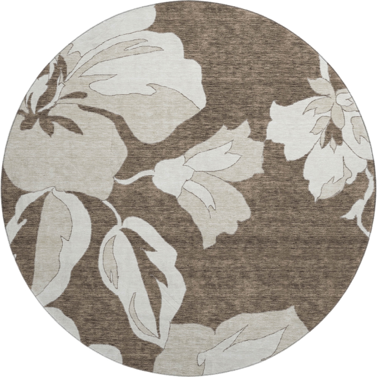 667972 8 ft. Brown & Ivory Floral Transitional Washable Round Area Rug with UV Protection