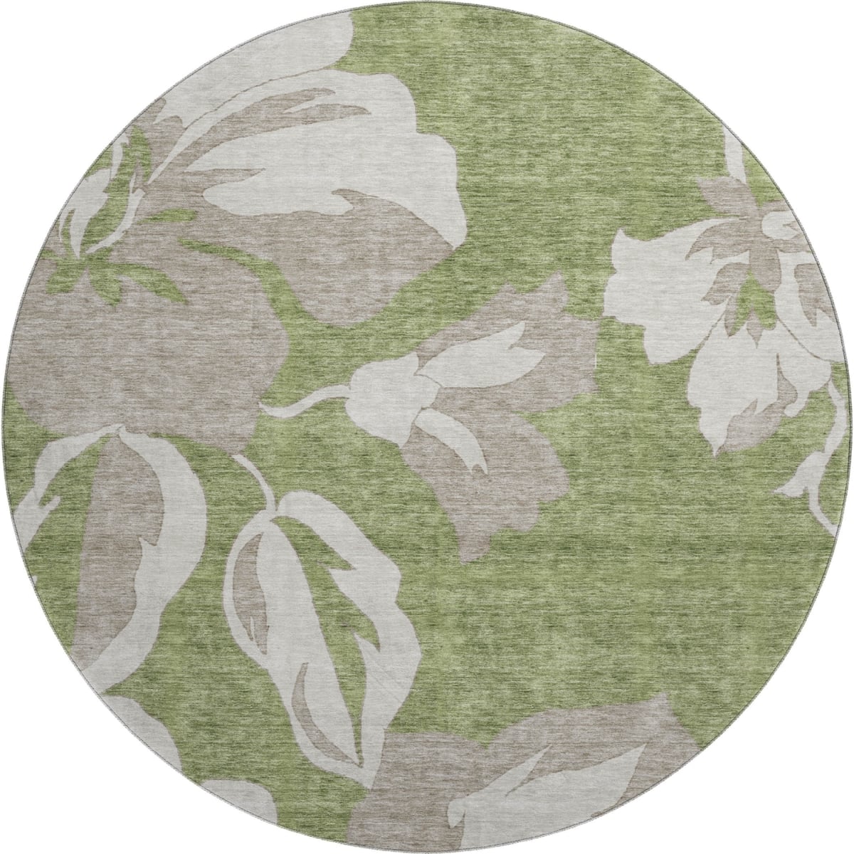 668002 8 ft. Olive Green & Gray Floral Transitional Washable Round Area Rug with UV Protection