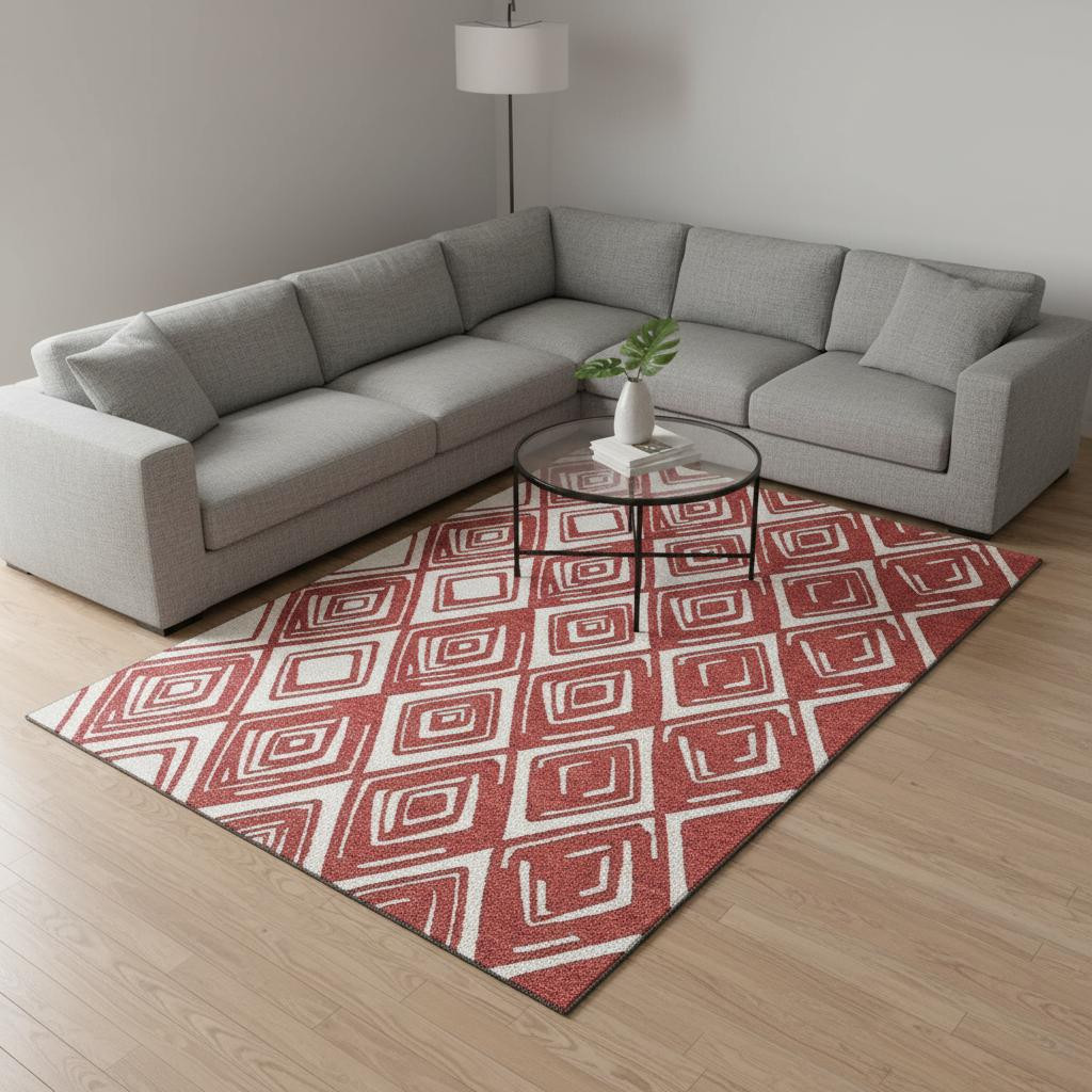 668443 8 x 10 ft. Red & Ivory Geometric Transitional Washable Machine Made Rectangle Area Rug with UV Protection