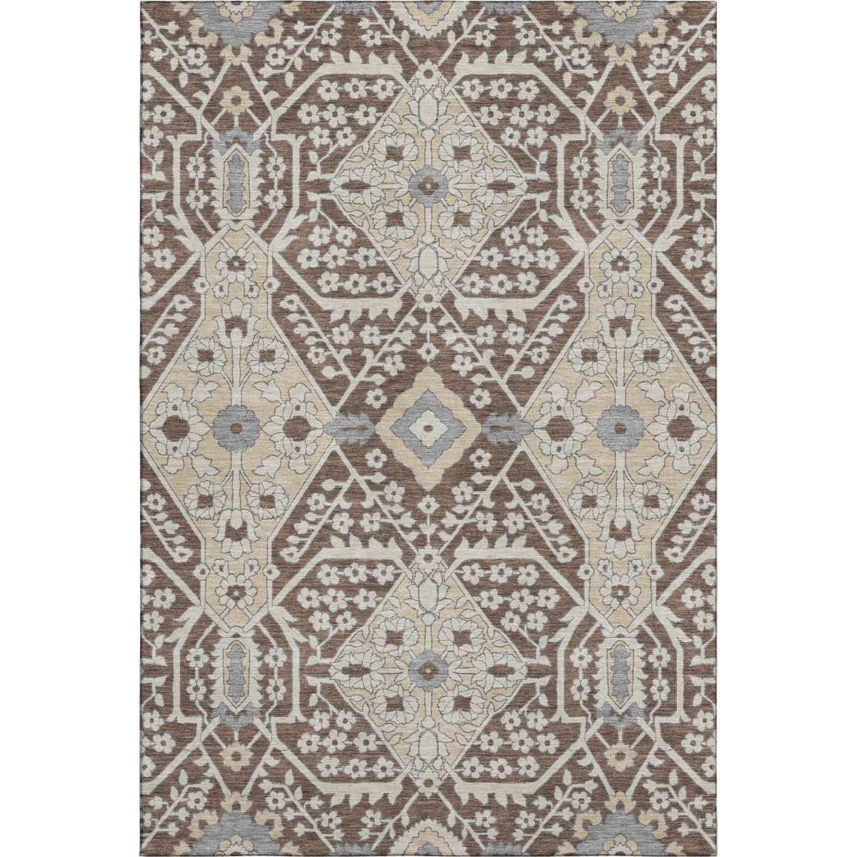 668497 5 x 8 ft. Chocolate, Gray & Beige Floral Transitional Washable Machine Made Rectangle Area Rug with UV Protection