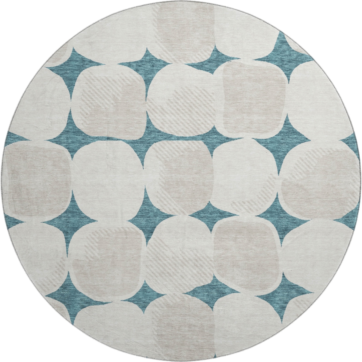 669243 8 ft. Teal & Ivory Abstract Geometric Transitional Washable Round Area Rug with UV Protection