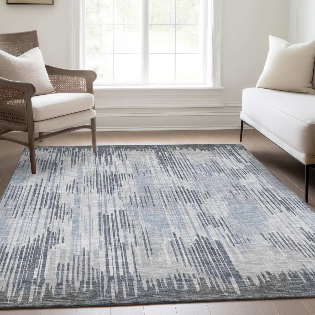 671024 10 x 14 ft. Gray & Silver Striped Transitional Washable Machine Made Rectangle Area Rug with UV Protection