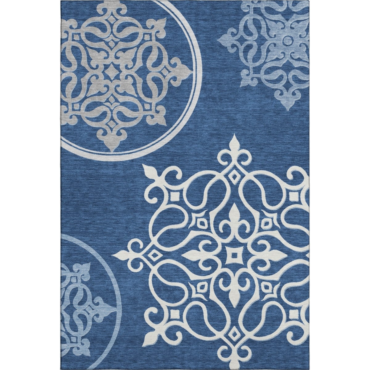 669532 8 x 10 ft. Navy Blue, Ivory & Gray Floral Medallion Washable Machine Made Rectangle Area Rug with UV Protection