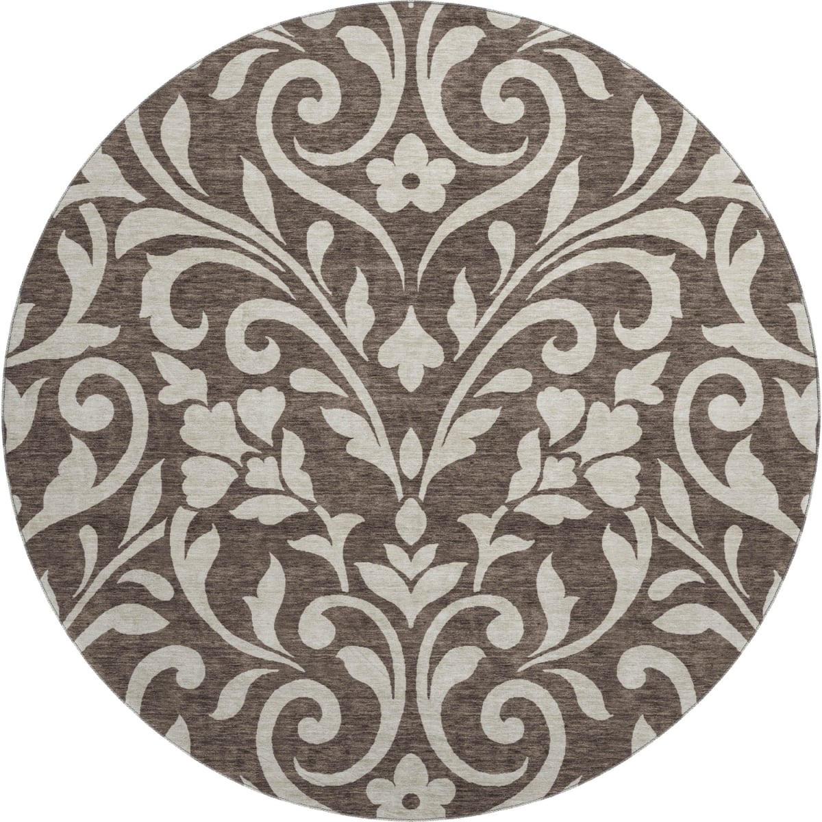 669591 8 ft. Chocolate & Beige Floral Transitional Washable Round Area Rug with UV Protection
