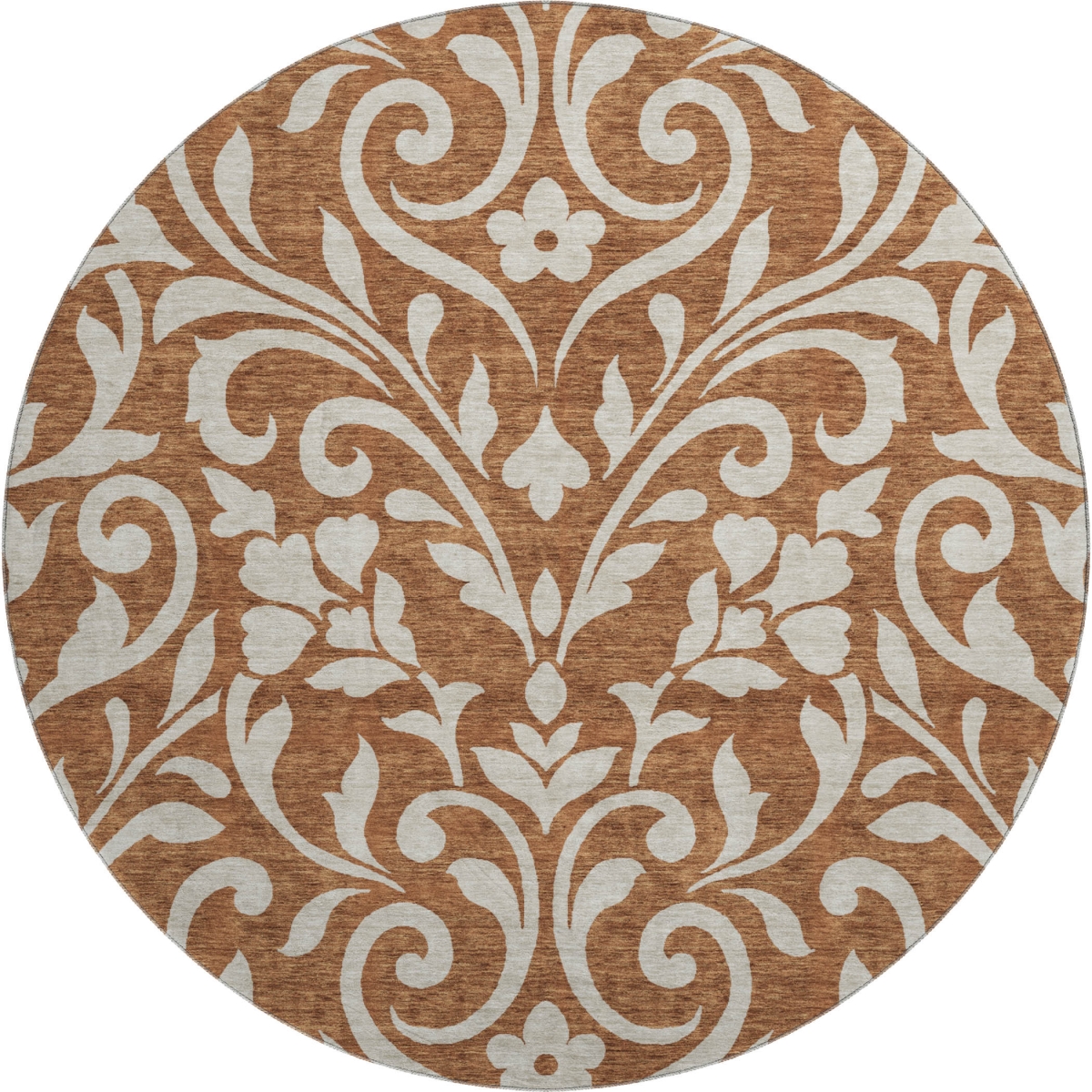 669633 8 ft. Rust & Beige Floral Transitional Washable Round Area Rug with UV Protection