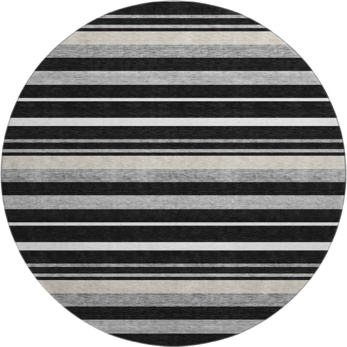 669898 8 ft. Black Ivory & Gray Striped Transitional Washable Round Area Rug with UV Protection