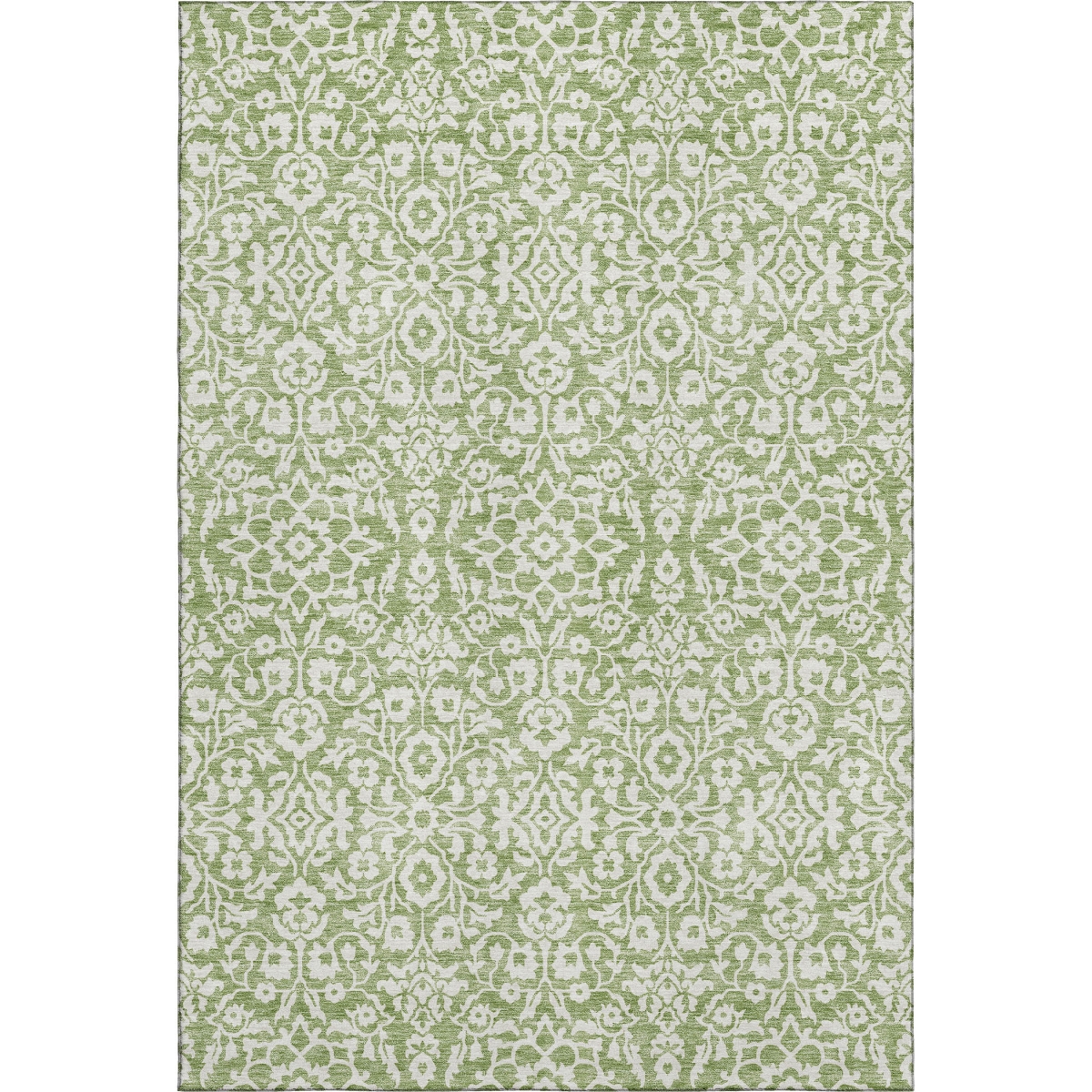 673132 9 x 12 ft. Green & Ivory Damask Traditional Washable Machine Made Rectangle Area Rug with UV Protection