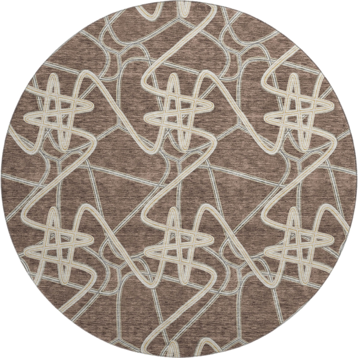 675291 8 ft. Brown & Ivory Geometric Transitional Washable Round Area Rug with UV Protection