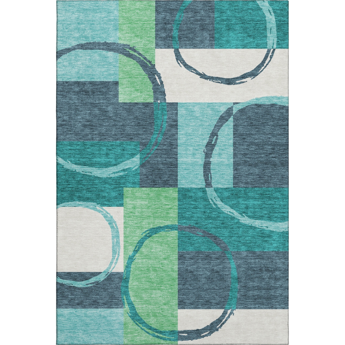 675092 5 x 8 ft. Teal Ivory & Green Geometric Washable Machine Made Rectangle Area Rug with UV Protection