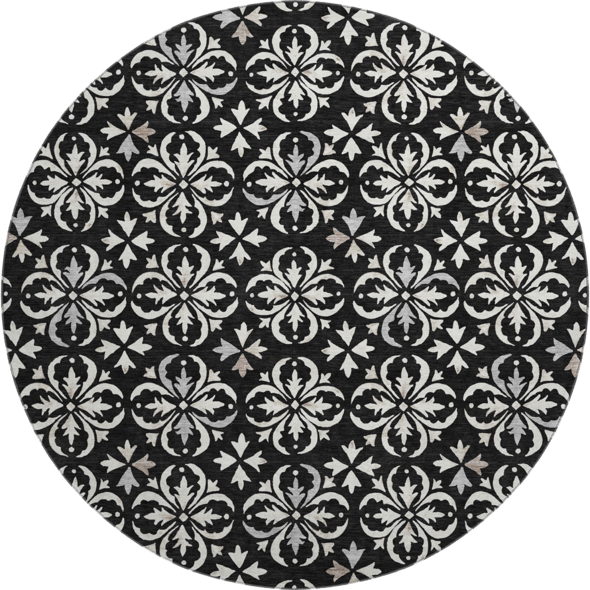 673906 8 ft. Black & Ivory Floral Transitional Washable Round Area Rug with UV Protection