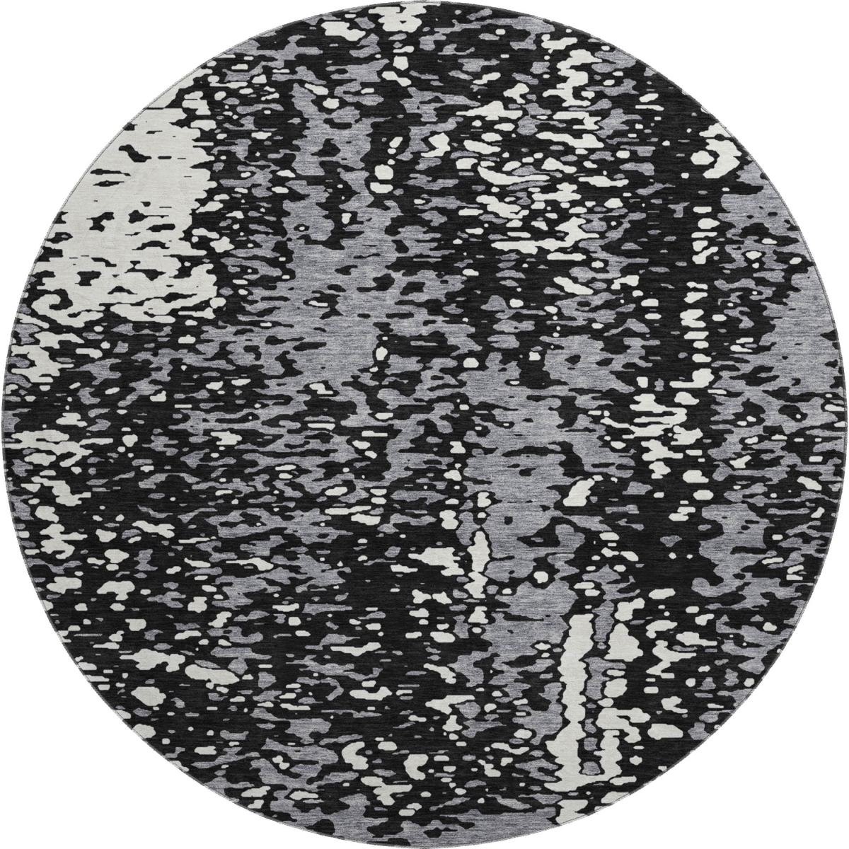 675417 8 ft. Black Gray & Ivory Abstract Transitional Washable Round Area Rug with UV Protection
