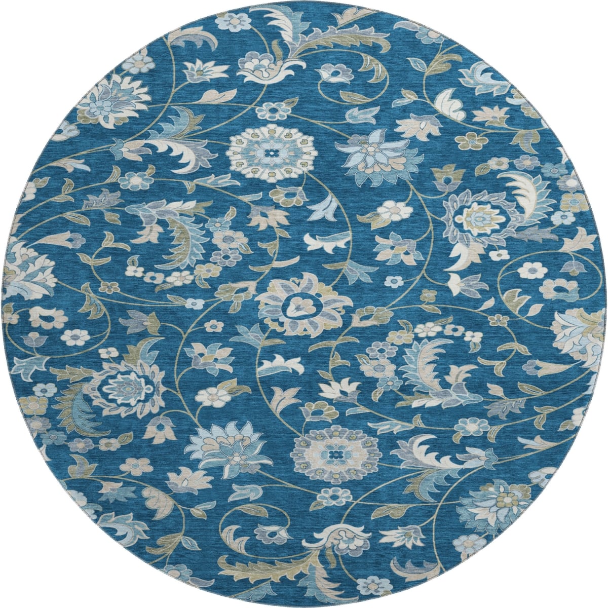 678991 8 ft. Navy Blue, Ivory & Beige Floral Washable Round Area Rug with UV Protection