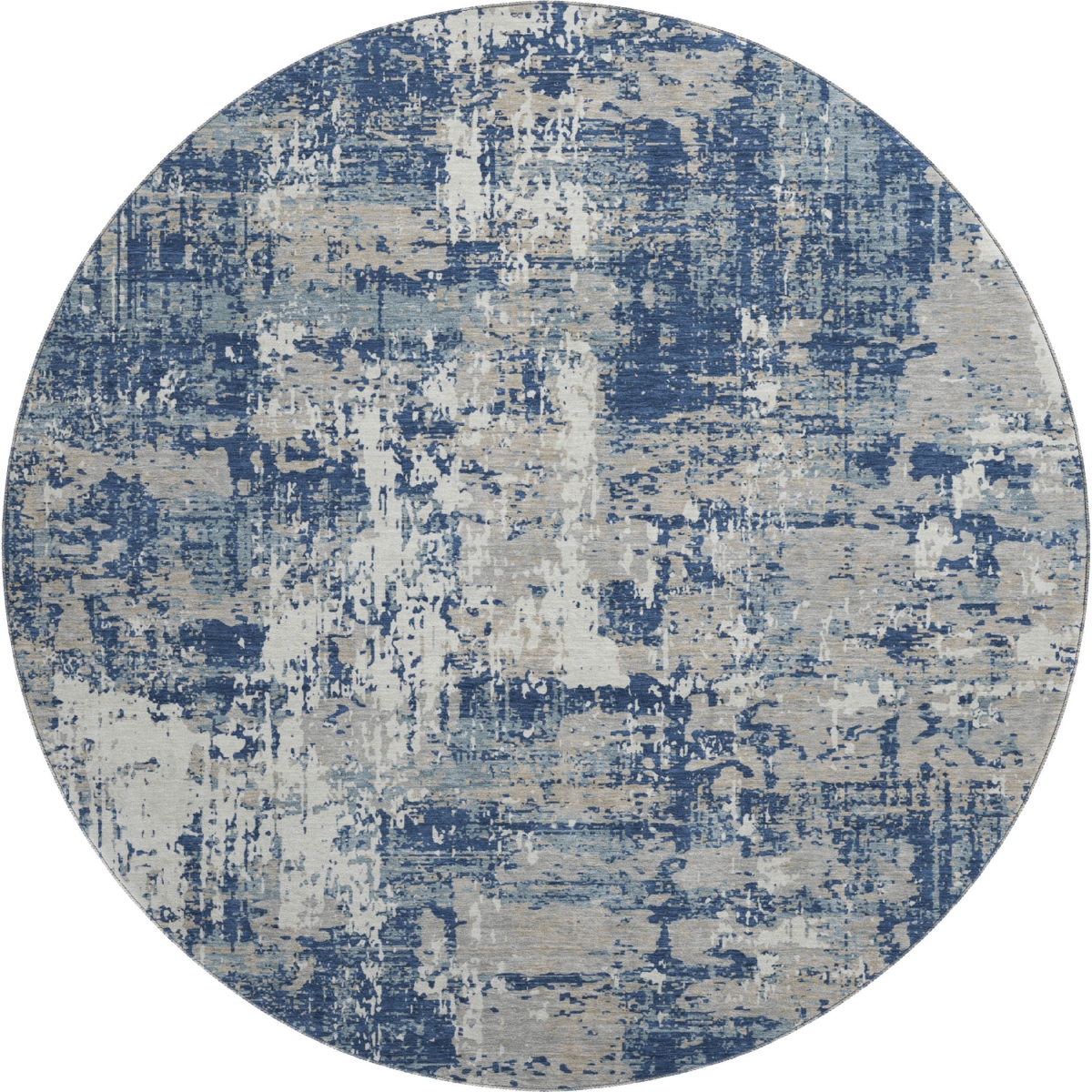 679147 8 ft. Navy Blue, Gray & Ivory Abstract Washable Round Area Rug with UV Protection