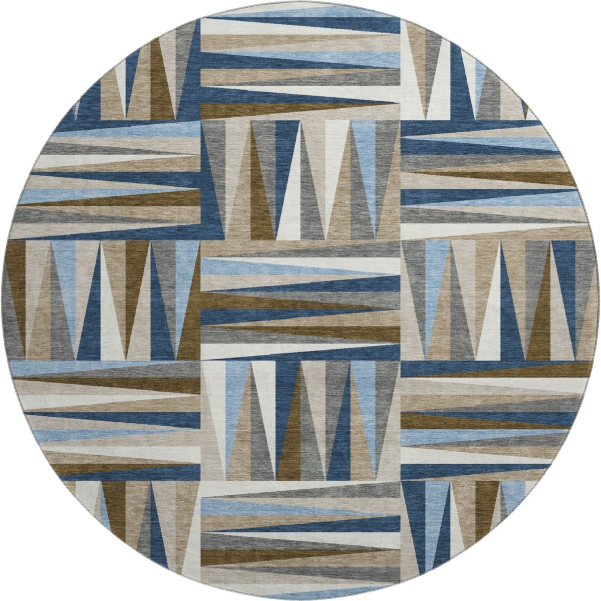 679441 8 ft. Navy Blue, Brown & Ivory Geometric Washable Round Area Rug with UV Protection
