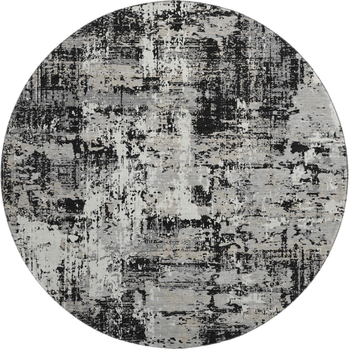 679093 8 ft. Black Ivory & Gray Abstract Transitional Washable Round Area Rug with UV Protection