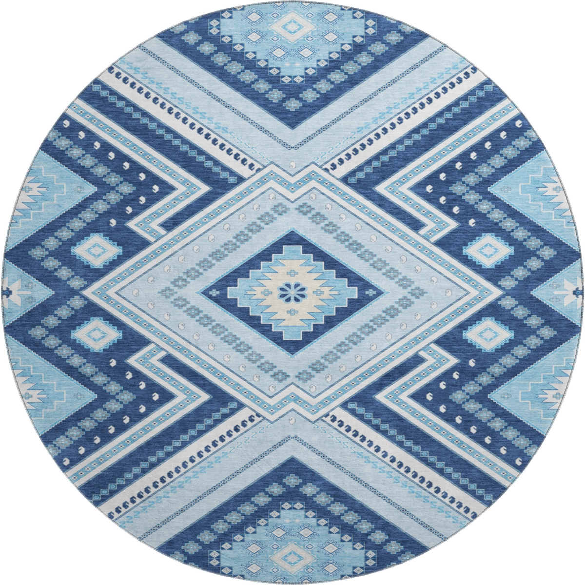 679297 8 ft. Navy Blue & Ivory Tribal Transitional Washable Round Area Rug with UV Protection