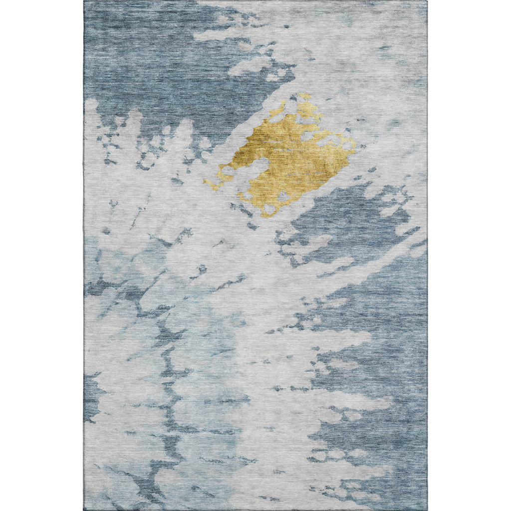 651290 8 x 10 ft. Blue Gold & Ivory Abstract Washable Machine Made Rectangle Area Rug with UV Protection