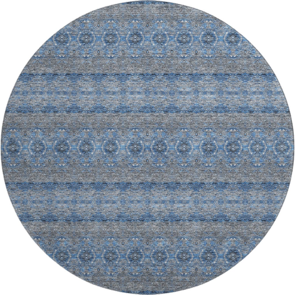 651331 8 ft. Navy Blue, Gray & Ivory Floral Medallion Washable Round Area Rug with UV Protection