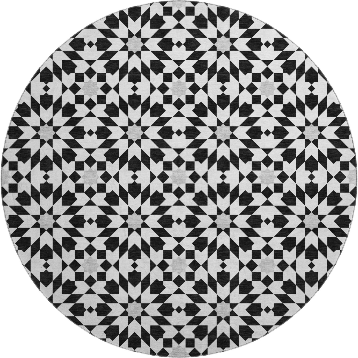 661986 8 ft. Black & Silver Geometric Washable Round Area Rug with UV Protection