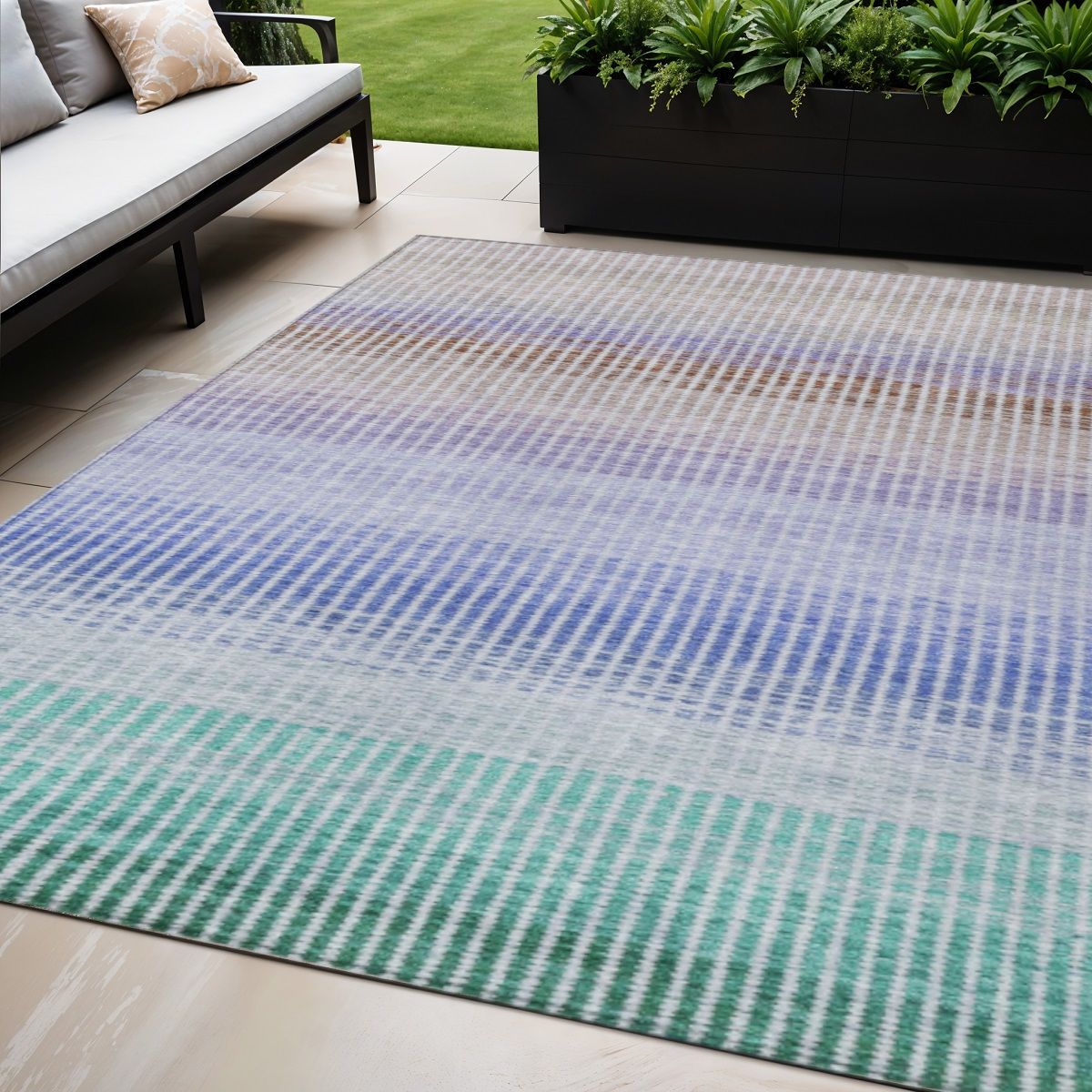 658862 5 x 8 ft. Green Lavender & Teal Blue Striped Washable Transitional Indoor & Outdoor Rectangle Area Rug