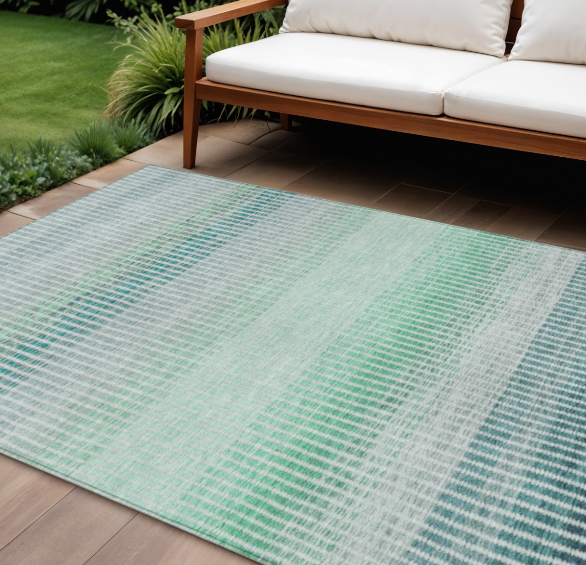 658912 8 x 10 ft. Turquoise Ivory & Gray Striped Washable Transitional Indoor & Outdoor Rectangle Area Rug